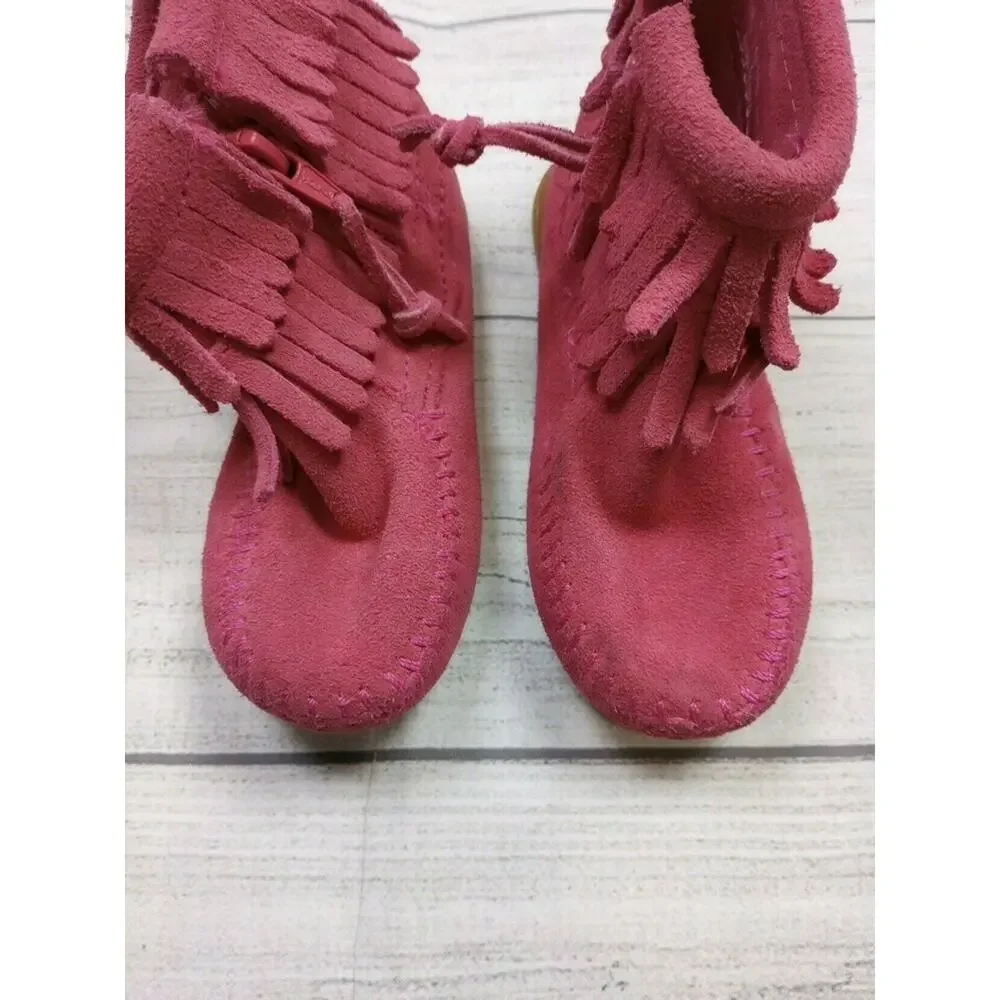 8T Minnetonka Pink Double Fringe Moccasins